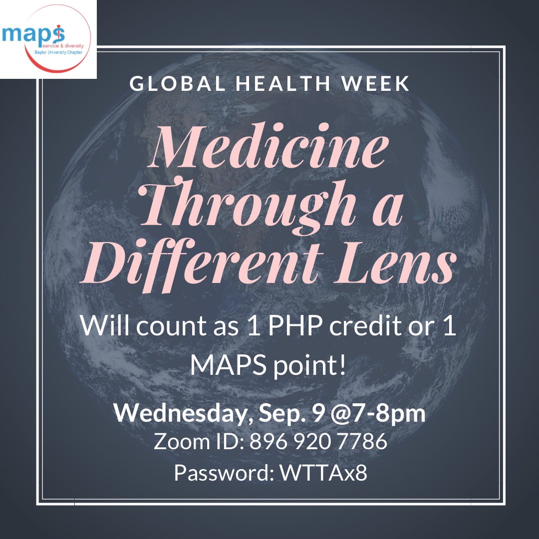 Join us during Global Health Week for our virtual seminar as we explore how medicine and health are perceived by people of different cultural backgrounds! 

✨This event will count as 1 PHP credit or 1 MAPS point!!✨