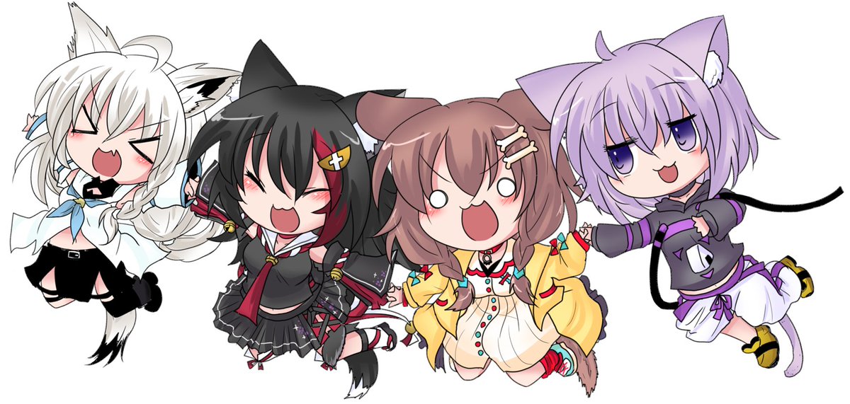 戌神ころね ,猫又おかゆ ,大神ミオ ,白上フブキ 「祝みおーん復活!!みんなでホロライブジャンプ!!
#みおーん絵
#できたてころね」|ぶーわ@Skeb受付中のイラスト
