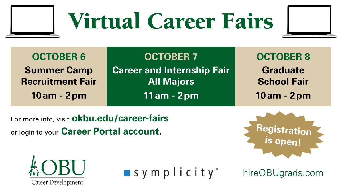 OBUCareers's tweet photo. Fall career fairs - we are going virtual! Have you met our amazing students? If not, this is your opportunity to connect; no travel and no extra time out of the office. We look forward to "seeing" our regular recruiters online, too! Join us! https://t.co/yh3TST8P2P