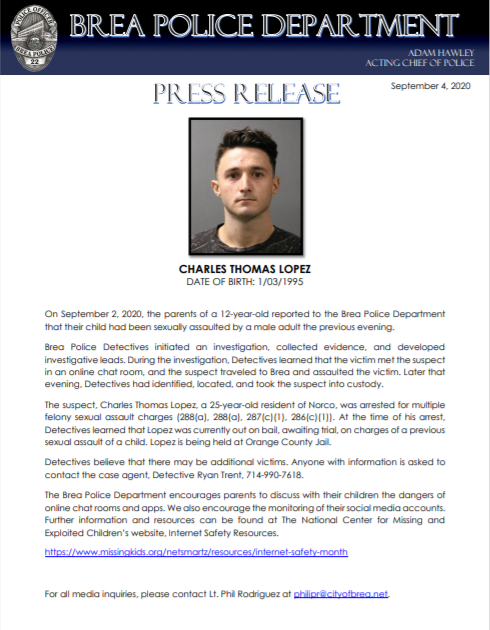BreaPD's tweet photo. PRESS RELEASE: Arrest of suspect on multiple felony sexual assault charges. https://t.co/3J0DMdIqt9