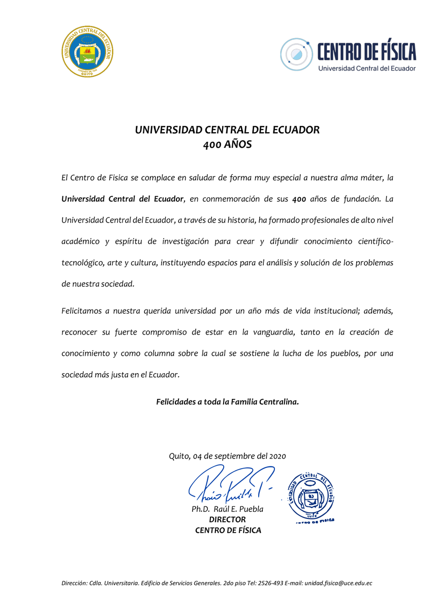FisicaUce's tweet photo. De parte de todo el personal del Centro de Física UCE enviamos un saludo cordial por los 400 años de vida institucional de nuestra alma máter, la Universidad Central Del Ecuador. @lacentralec @FisicaUce #UniversidadCentral #SoyCentral #400años https://t.co/zAxW63uBNN