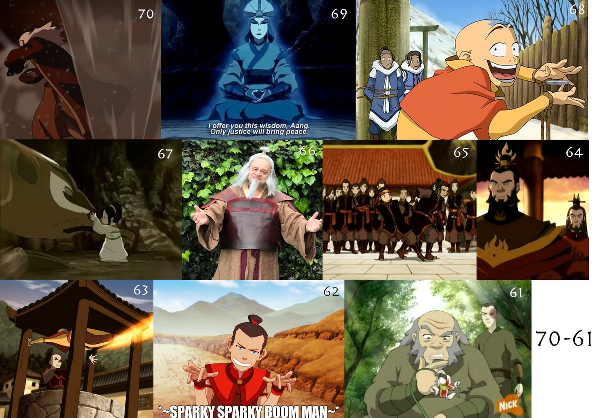 70. Roku's Completely Avoidable Death 69. Avatar Kyoshi: Cool With Murder68. Marble Trick67. Badgermoles66. Greg Baldwin 65. Aang Close-Quarter fighting64. Sozin's Motivations63. The Well Fight Scene62. Sokka Naming Things61. "Delectable Tea... or deadly poison?"