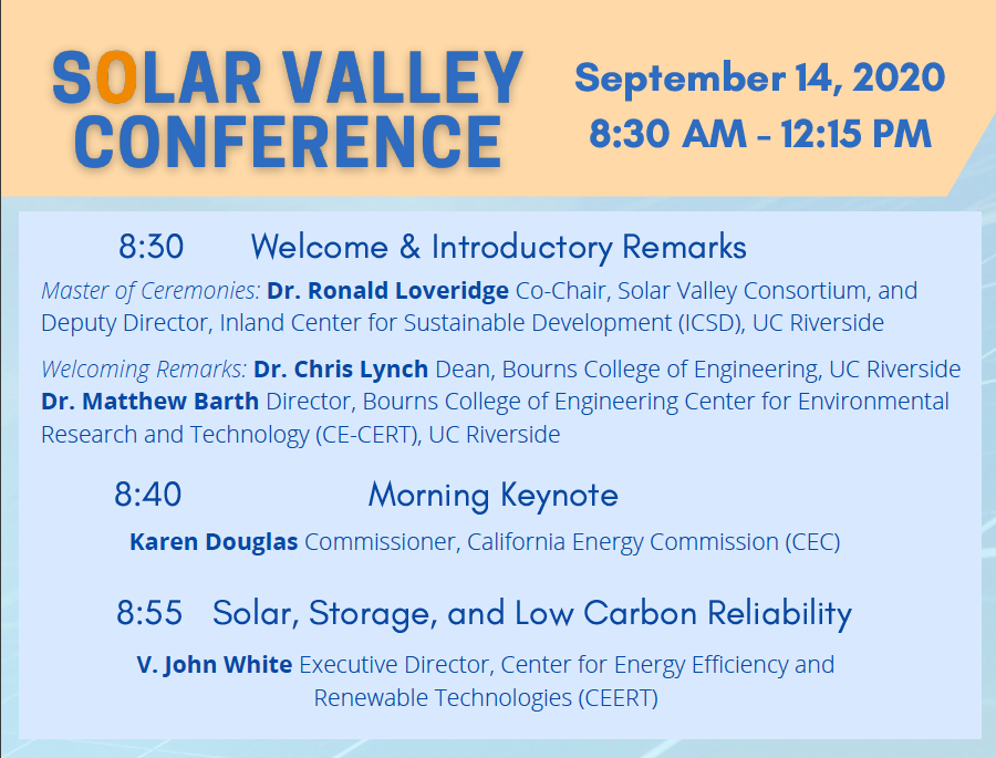 Join us September 14 for our Solar Energy Conference ☀️ We are looking forward to our morning schedule with former Riverside mayor Ron Loveridge, BCOE Dean Chris Lynch, Matt Barth of CE-CERT, Karen Douglas of the CEC and V. John White with CEERT.
Register: na.eventscloud.com/ereg/index.php…