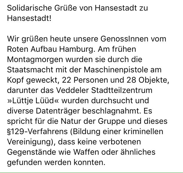 HartBackbordHRO's tweet photo. Solidarität mit dem #roteraufbauhamburg !

#129a #Antirepression #Klassenstaat #klassenjustiz #klassenkampf #sozialismus #Kommunismus #Hamburg #Rostock #MV #roteantifa #hartbackbord #antifaostdeutschland https://t.co/EkA2l2h48e
