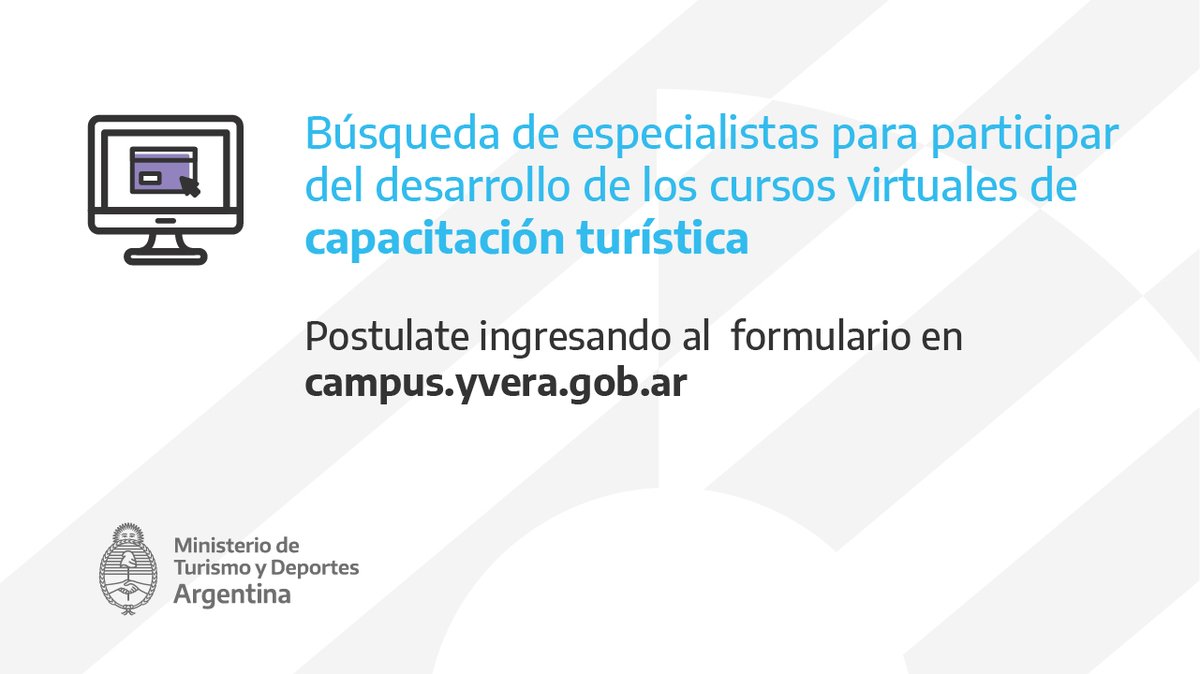 TurDepAR's tweet photo. En el marco del #ProgramaDeFormaciónVirtual, profesionales de diferentes temáticas podrán postularse para el desarrollo de cursos de capacitación turística durante septiembre. 💻

👉 https://t.co/eJDCy7DLOB

#ArgentinaUnida https://t.co/2CMMDoeVuY