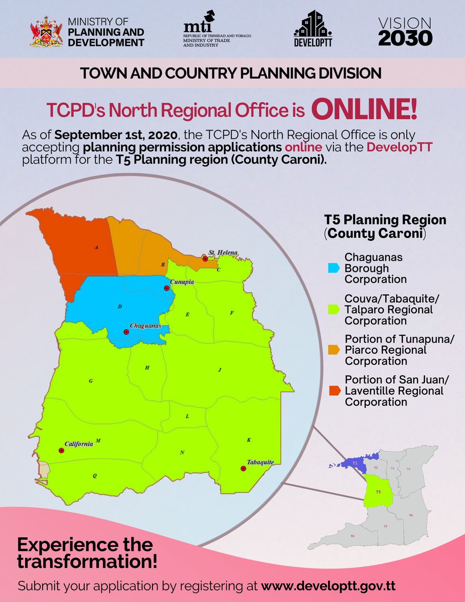 PlanningTT's tweet photo. TCPD's North Regional Office is Online!
As of Sept. 1st, 2020, the North Regional Office is only accepting ONLINE applications for planning permission via the DevelopTT platform for the T5 (County Caroni) and T1 Planning Regions. 
#developtt #tcpd #transformation https://t.co/zuviIf5BgG