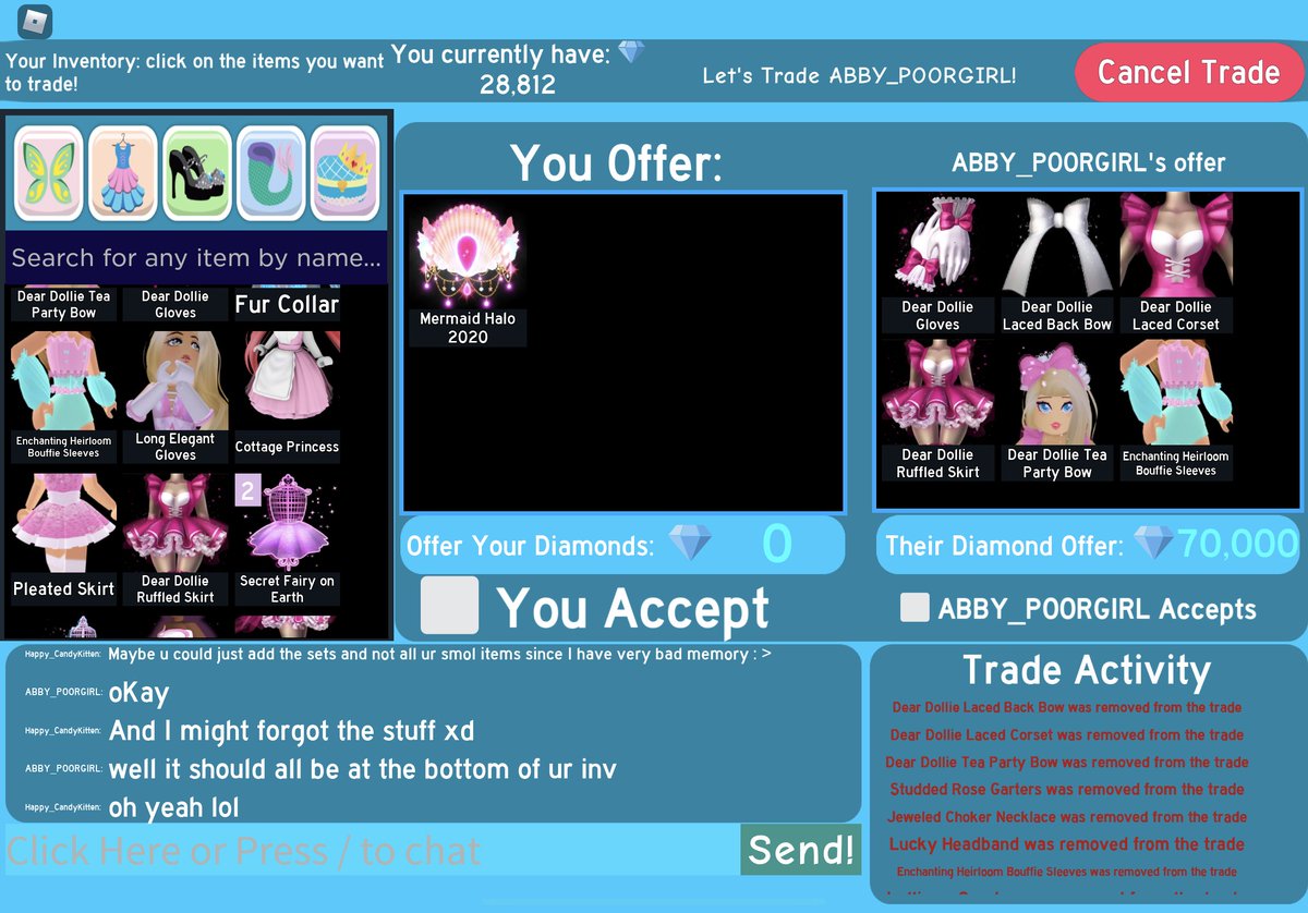 SoftLemons's tweet photo. @PotatoSquid10 @MissUsako I deleted it bc i don’t wanna get banned since it was crosstrading but here it is I also have a video of it she scammed me on my alt account @LemonJuiicce 
she told me she’ll give me items while I give her the halo and after she’ll give the robux and I’ll give her items back but- https://t.co/CM3ZIzNQH7