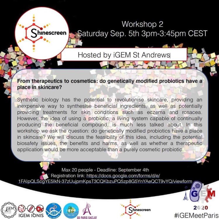 [iGEMeetParis]

J-1. Don't forget to register ! 🌍

GO on our slack channel. Everything you'll be needed will be post on slack.
Global 2020 existing slack : join.slack.com/t/2020igem/sha…

# worldwide-virtual-meetup channel : 2020igem.slack.com/archives/C019D…

 #igemeetparis #igem #igem2020