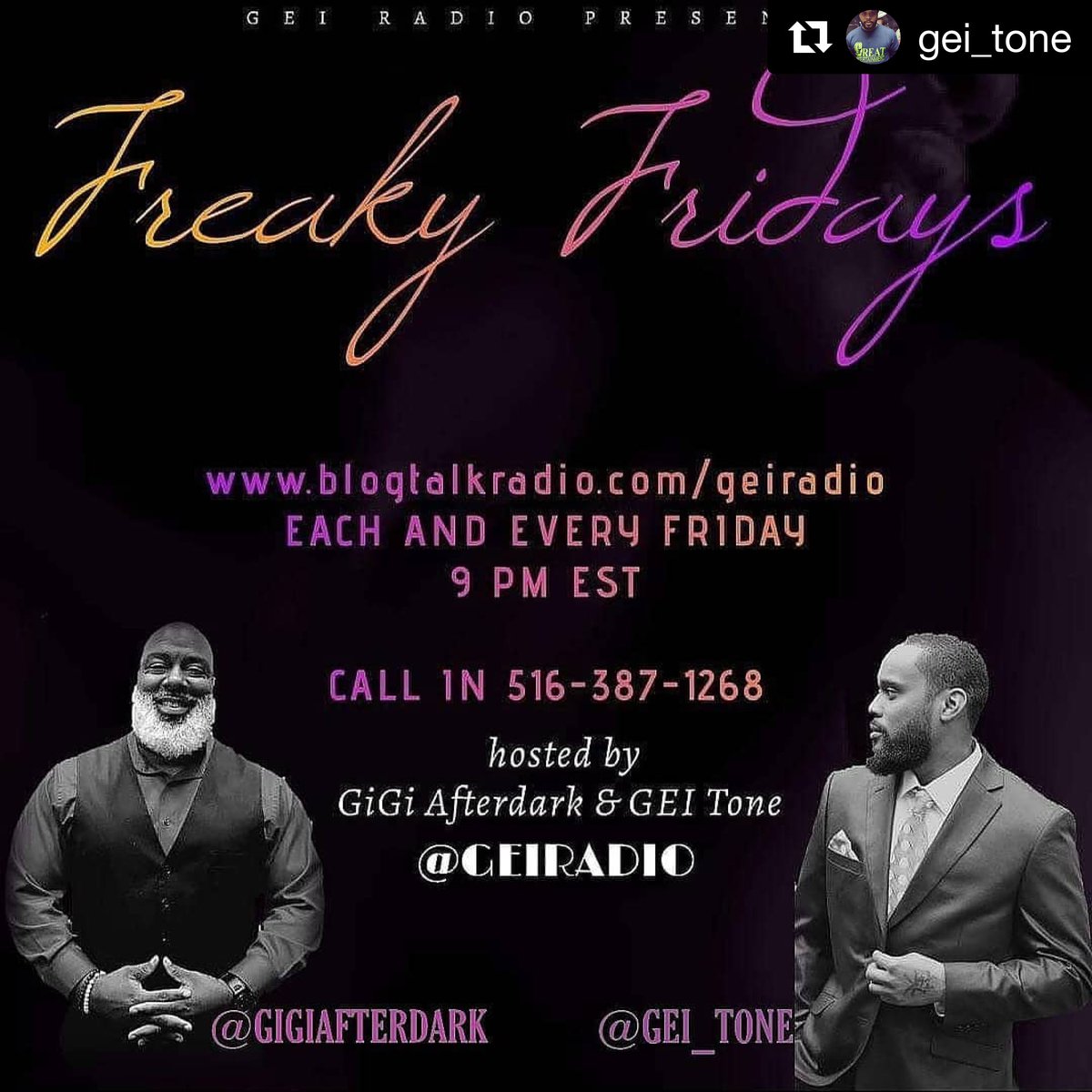 jay_bertete's tweet photo. #Repost @gei_tone with @get_repost
γ»γ»γ»
π§ Tune in TONIGHT 9p est @geiradio π± Dial in 516-387-1268
Dial 1 π£ for a question or comment
Host @robgigimalloy & @gei_tone with Special Guest CANDY
#gei #radio #geiradio #photooftheday #relationship #men #women #model https://t.co/8qqWqc6Hse
