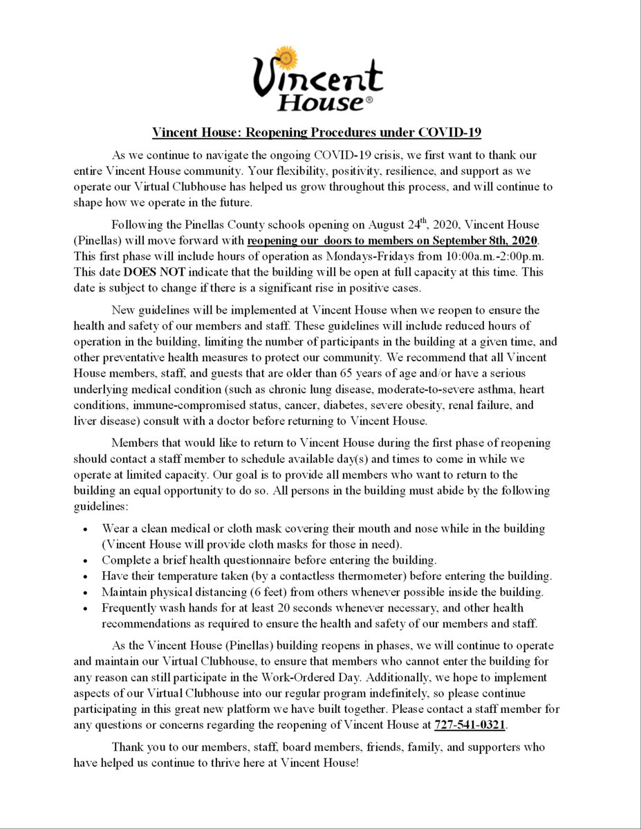 TheVincentHouse's tweet photo. Vincent House Pinellas is reopening our building to members on September 8th! We will have limited hours and participants, so please contact us if you are interested in returning. We will be together again soon, but please continue to be safe and wear a mask #VincentHouse! https://t.co/SxBDe6bd4I