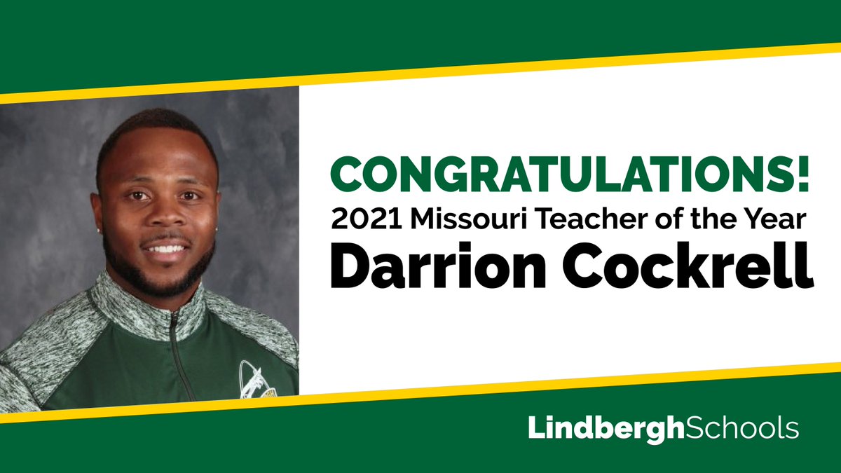 LindberghFlyers's tweet photo. We are excited and proud to announce that @CrestwoodFlyers physical education teacher Darrion Cockrell has been named the 2021 Missouri Teacher of the Year! https://t.co/i9SOmWCmOu