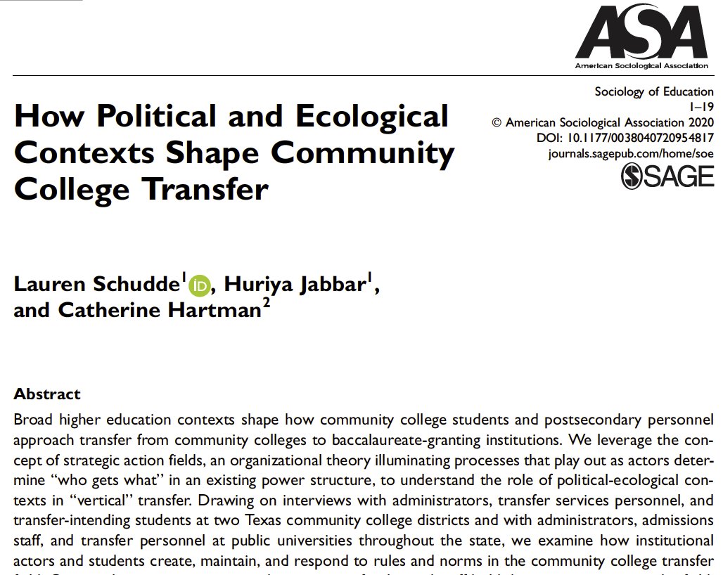 LaurenSchudde's tweet photo. New paper with #HuriyaJabbar & #CatherineHartman online at @SocEducation: we used interviews with #comm_college advisors, university personnel, and transfer-intending CC students to understand power structure that shapes #CCtransfer https://t.co/LQGobAPaHY https://t.co/nQITGkLjId