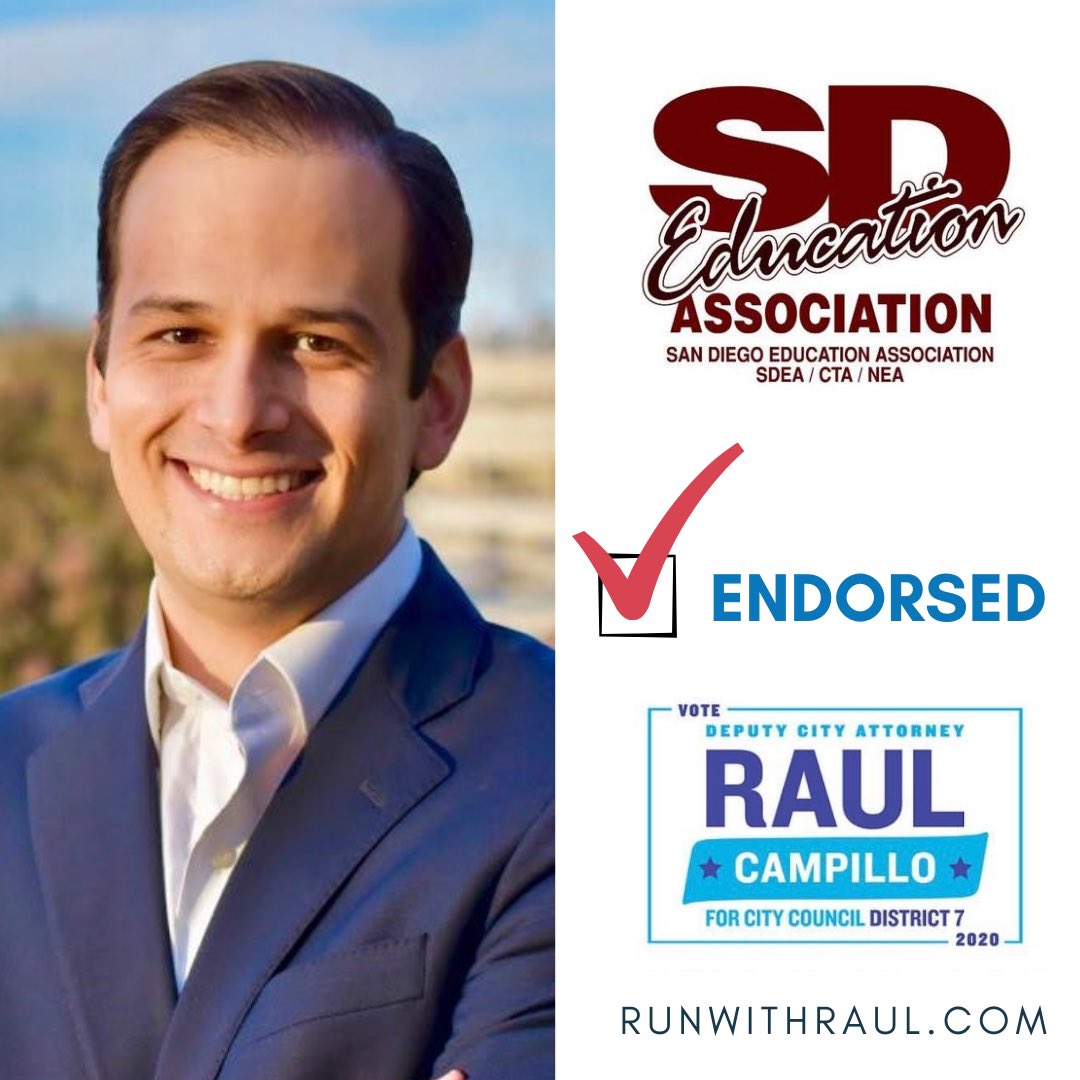 RunWithRaul's tweet photo. 🚨🚨Endorsement: as a former public school #teacher, I’m deeply honored to have the support of the #SanDiego Education Association @SDeducators As their members face the difficulties of serving families and students through the pandemic, I will have their backs. #RunWithRaul https://t.co/m57F1haQjL