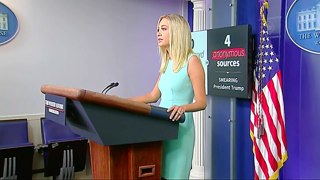 markknoller's tweet photo. .@PressSec ended briefing with a statement to further dispute article in @TheAtlantic. She displayed graphics that said the article cited "4 anonymous sources to smear the President," while "10 on-the-record sources" debunk it. She denounced it as "conspiracy-laden propaganda." https://t.co/Xa9ZQy6drP