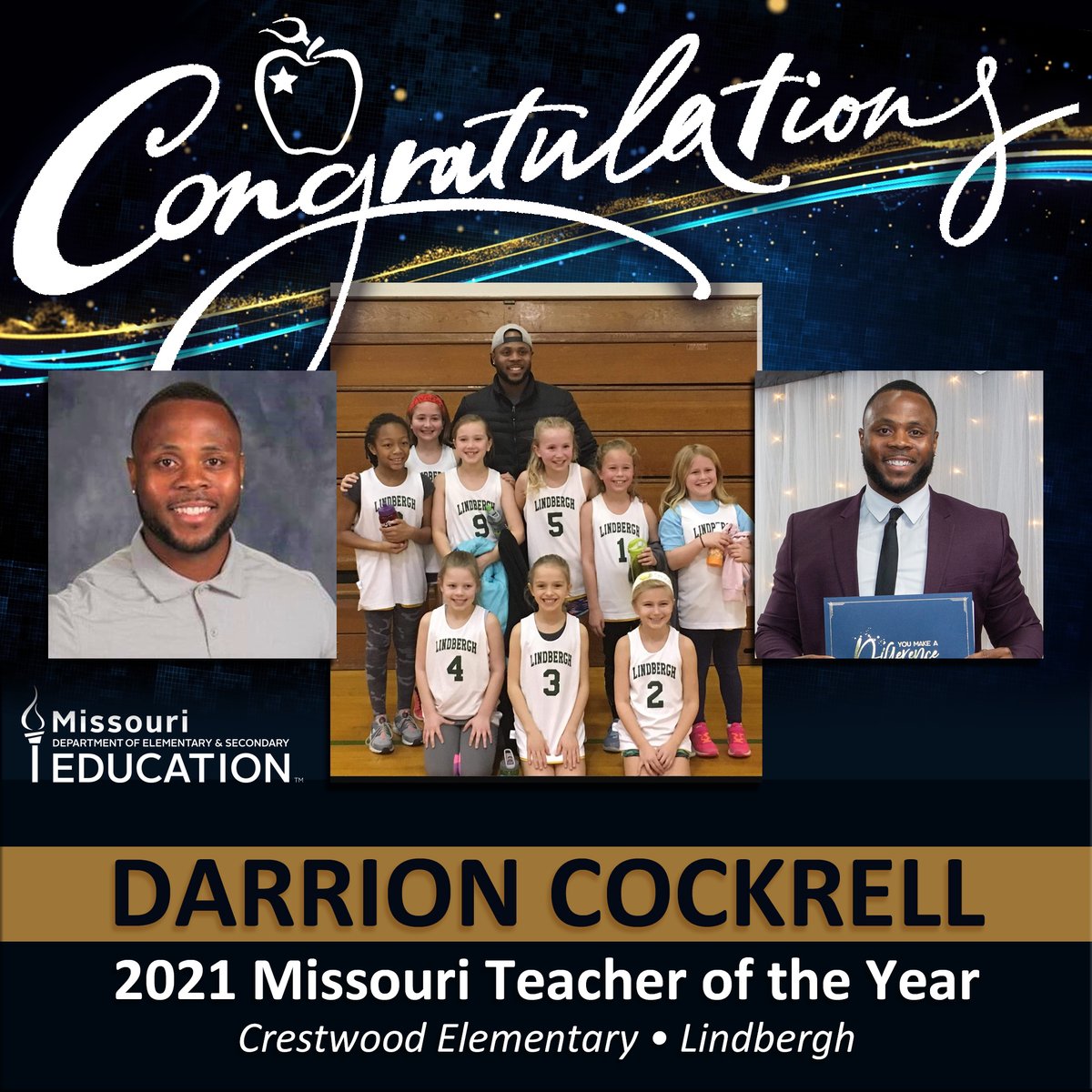 MOEducation's tweet photo. 🎉🎉🎉
Congratulations to Darrion Cockrell - aka "Mr. DC" - for being named the 2021 Missouri Teacher of the Year! He is the state's 52nd #MoTOY and is the second recipient from @LindberghFlyers in program history! 

Read the official news release here: https://t.co/urOjsBmalf https://t.co/Yy3xtR5DJm