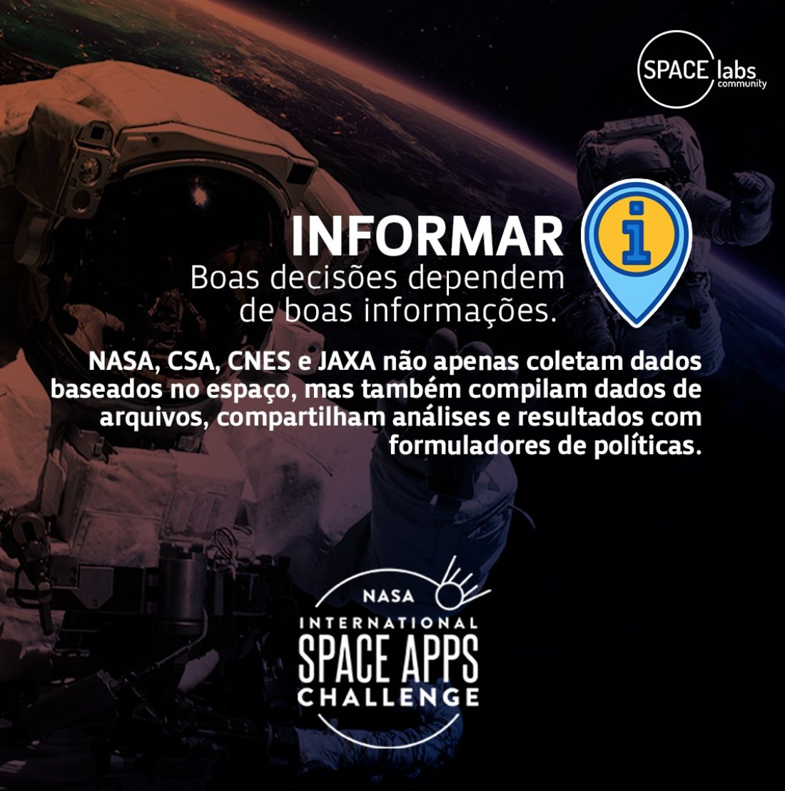 SpaceLabsBrazil's tweet photo. Dia 2, 3 e 4/10, equipes de várias regiões do mundo contarão com o acesso à base de dados da NASA, da Agência Espacial Européia, ESA e da Agência de Exploração Aeroespacial do Japão, JAXA para o desenvolvimento dos seus projetos.

#spacelabs #spaceapps #NASA #ESA #JAXA #hackathon https://t.co/qkEBlsjpkq