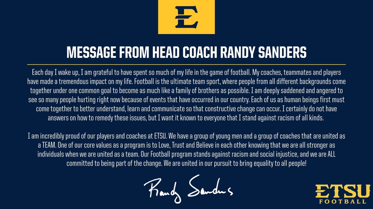ETSUFootball's tweet photo. "Our Football program stands against racism and social injustice, and we are ALL committed to being part of the change. We are united in our pursuit to bring equality to all people." ~ Head Coach Randy Sanders.

#StrongerTogether #ETSUTough https://t.co/rQf6YLR1Lt