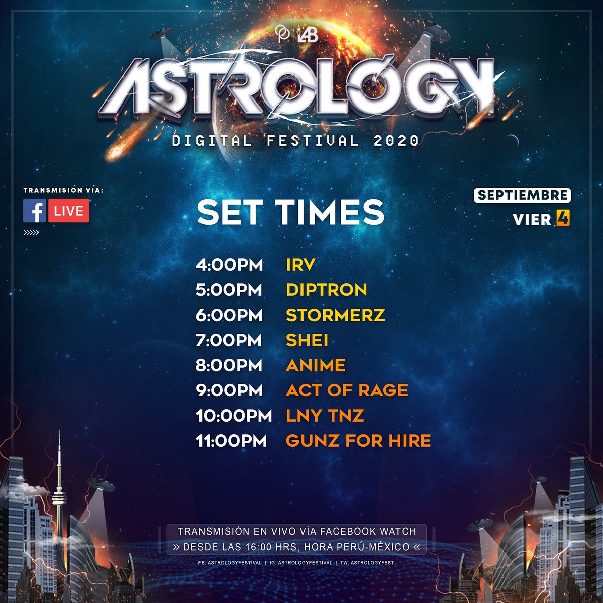 AstrologyFest's tweet photo. ¡Set Time del día de hoy viernes de @AstrologyFest !🚀💥.
.
¿A qué DJ esperan con ansias de ver el día de hoy? 🙌🏾🚀

Únete al evento: https://t.co/0Hk2oObmJt

Produce:
🌡 @LabTalents | @OperaEntmt 

#YoSoyAstrology https://t.co/N6NwiTDmPO