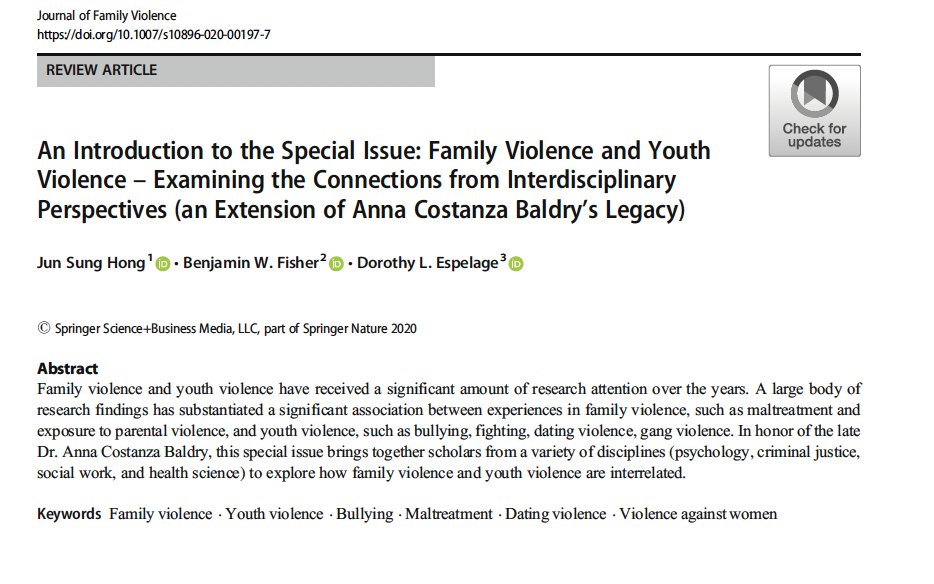 Proud of this special issue in Journal of Family Violence - linking family violence to youth violence <a href="/UNCSchoolofEd/">UNC School of Education</a> @UNCResearch <a href="/CDCgov/">CDC</a> @PreventConnect <a href="/BULLY_RESEARCH/">Bullying Research Network</a> <a href="/TheJusticeDept/">U.S. Department of Justice</a>