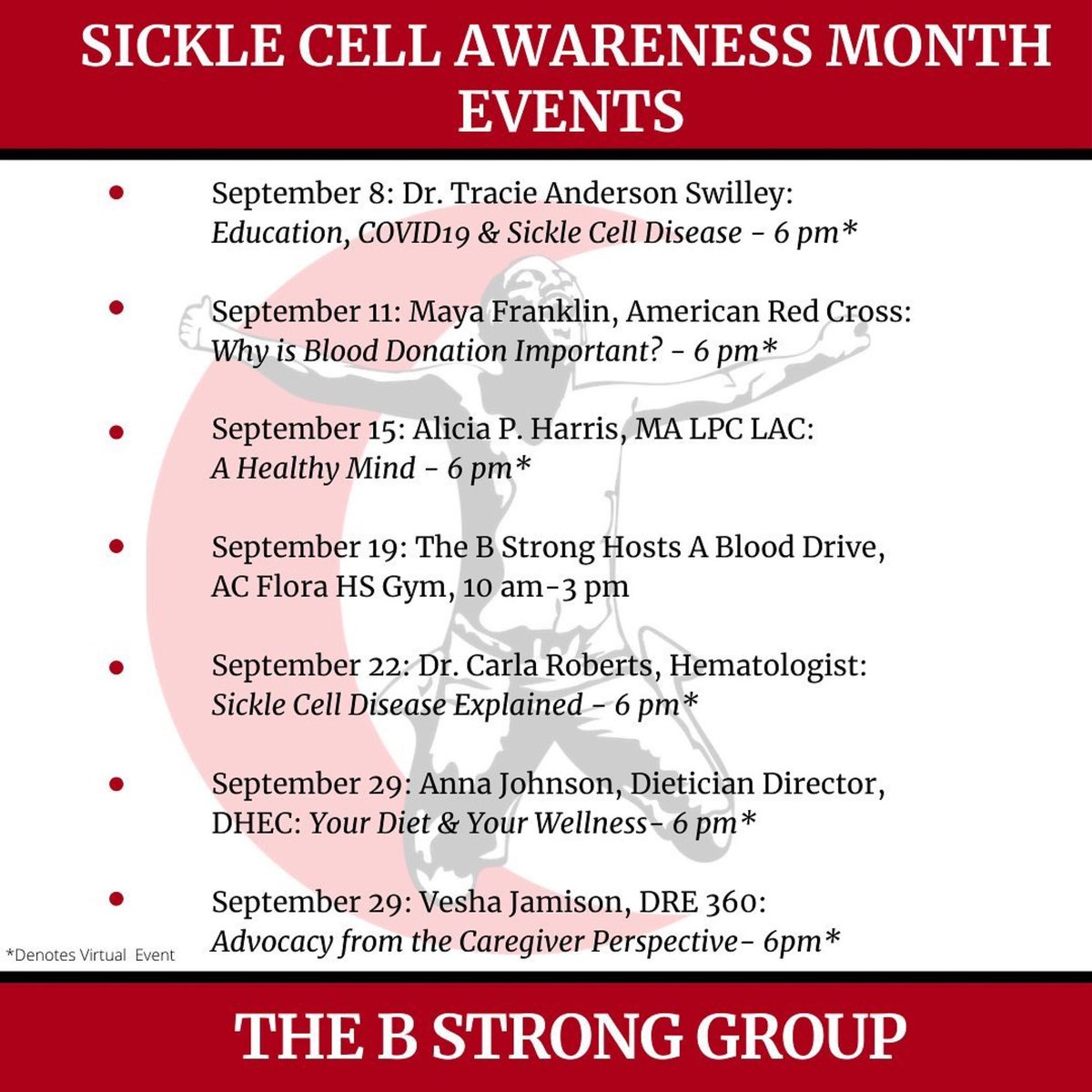 thebstronggroup's tweet photo. Join us as we continue to spread awareness of sickle cell disease.♥️ The virtual events will be streamed live on our Facebook page. We will let you know if we add any events!
#SickleCellAwarenessMonth2020
#SickleCellAwareness
#BinTheKnow #SCSickleStrong @mgba03 https://t.co/oau0MAkvaq