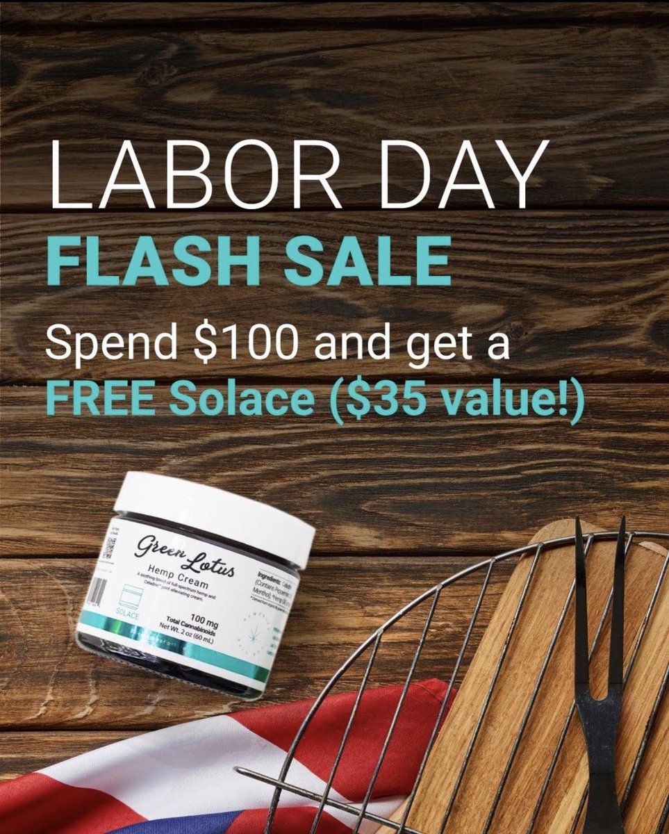 glbrandsinc's tweet photo. Labor Day weekend is here! Get a FREE Solace Hemp Cream (a $35 value) from @greenlotushemp with every order over $100 through Labor Day. You've earned it. 🌱 #RemediesForLife https://t.co/KZlw9MkBhb https://t.co/8wUa99iVp4