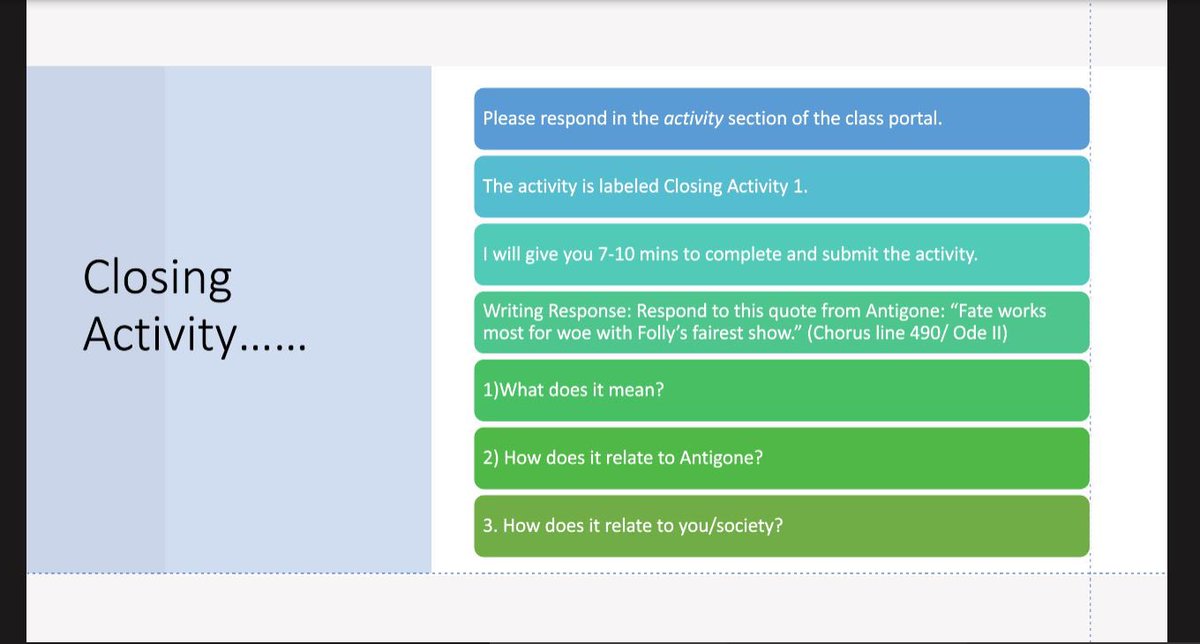 DearDrHenry's tweet photo. Ms. Davis made sure to close out her lesson with a writing response from Antigone. #500Classrooms #500ClassroomChallenge #Class151 @JKRobinsonEDU @westlakelions https://t.co/yz119kNIof