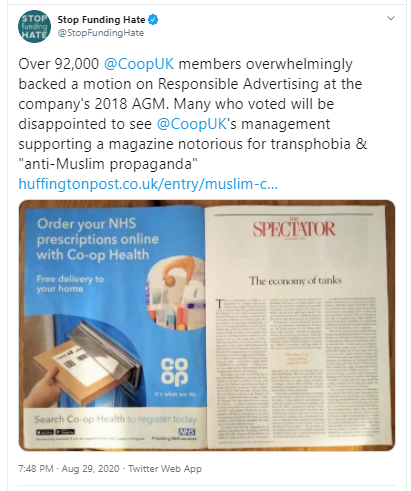 Today's target for pressure was  @coopuk. They were singled out because  @coopukhealth had an advert placed in  @spectator. It's for online NHS prescriptions with home delivery: the sort of advert that should be everywhere during a pandemic that kills vulnerable patients.