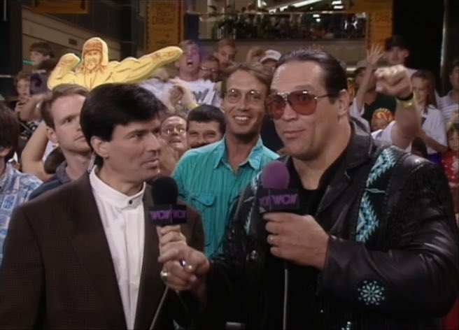 WCWarchive's tweet photo. On commentary for the first #WCW Monday Nitro from the @mallofamerica in Minnesota was @EBischoff and Mongo McMichael. #Nitro25 https://t.co/KeJmb9b6ji