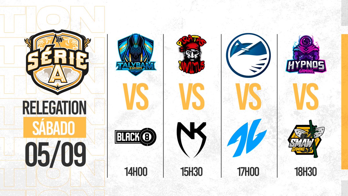 ArenaOnOficial's tweet photo. 🏆 REPESCAGEM

É amanhã, nesse sábado a partir das 14h inicia a Relegation da Série A, Season 3.

⏰ 14h
 @Talybam_eSports x @Black8Team

⏰ 15:30h
@PTiTeam__ x NKeSports

⏰ 17h
@zwan_gg x @Alianza_GG

⏰ 18:30h
@HypnosGaming_ x  @SMAW_Gaming

📺 https://t.co/kh2TuV82EH https://t.co/sJvG1yL9l0