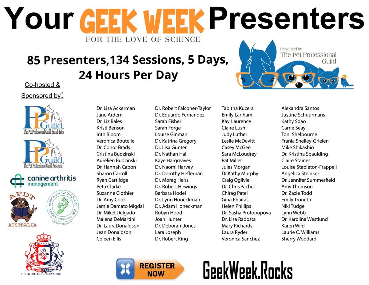 PetGuild's tweet photo. Geek Week
Internationally respected presenters from animal behavior/training/care fields. Sessions around the clock: Convenient for US, Australia &amp; British Isles time zones. Virtual Platform: Geek Out w/o traveling. https://t.co/IE1gqfGY1R
#dogtraining #animalbehavior #geekweek https://t.co/q8WasQwoav