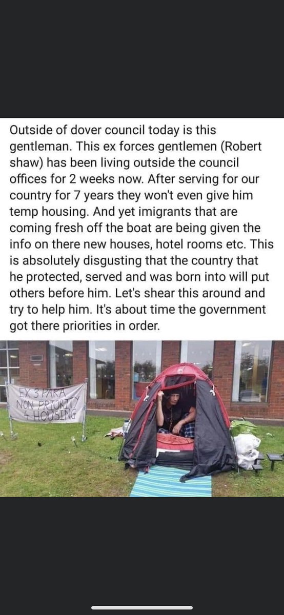 SheriLewis27's tweet photo. @BorisJohnson How is this right? Please tell me bojo because I’m honestly FED UP!! People who have fought for our country, lived here all their life are homeless but you House, hotel give a roof over a refugee’s head rather than our own!! 😡😡 https://t.co/ufZzk10vzr