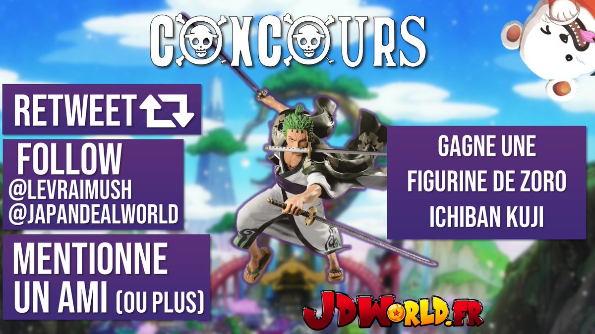 levraimush's tweet photo. 🎁 CONCOURS ONE PIECE 

Gagne une figurine de Zoro Ichiban Kuji !

▶️Follow @levraimush et @japandealworld 
🔁RT ce tweet
😉Mentionne un ami (ou plus)

Tirage au sort 11/09 !

Concours sur instagram : https://t.co/3mxKlHyFEX

Bonne chance ! https://t.co/bSiI2HPWGh