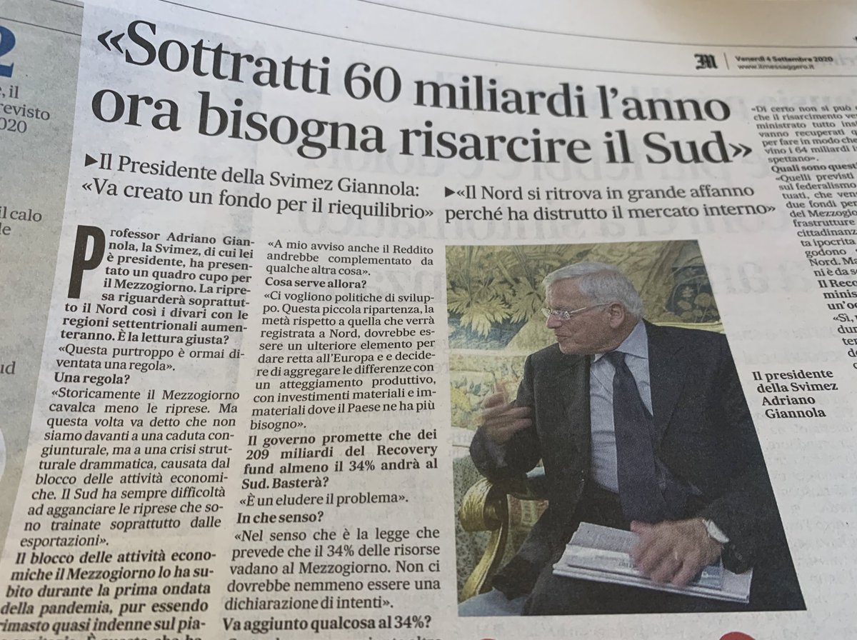 OGiannino's tweet photo. Leggo che per SVIMEZ ogni anno l’economia del Nord depriva il Sud di 60 mld, che la rapina deve finire e bisogna ridarli al Sud perché il Nord “ha distrutto il mercato interno”. Giudicate voi, io penso che su queste basi non si puó ragionare seriamente di cosa serva al Sud. Punto https://t.co/uUvBEplfHg