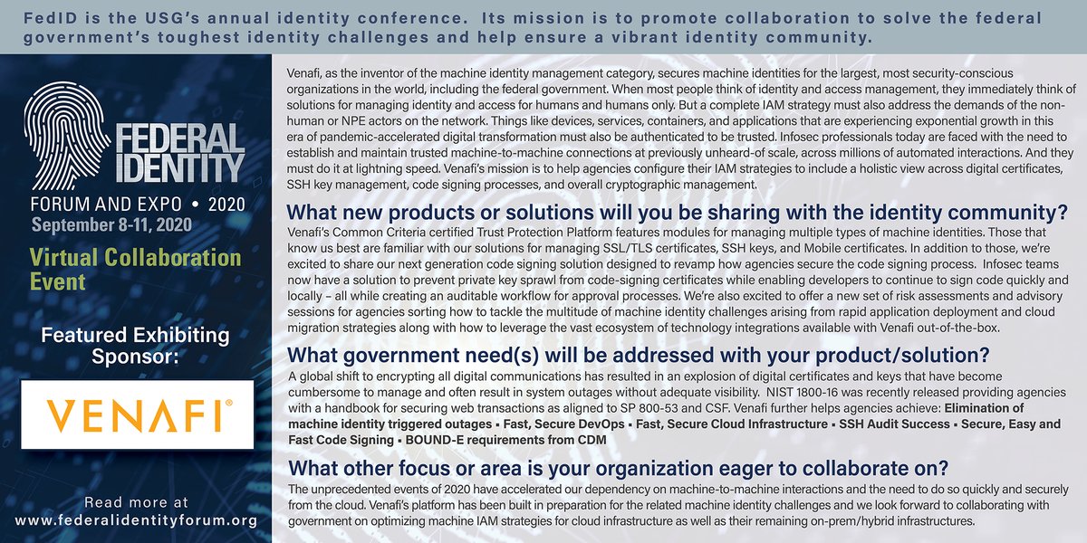 FedIDForumExpo's tweet photo. #FedID virtual exhibitor @Venafi is a leader in machine identity management. They will be sharing their Common Criteria certified Trust Protection Platform, which is for managing multiple types of machine identities, with this year's #FedID audience. https://t.co/oJDrXexCYE https://t.co/zX4J4oxjDz