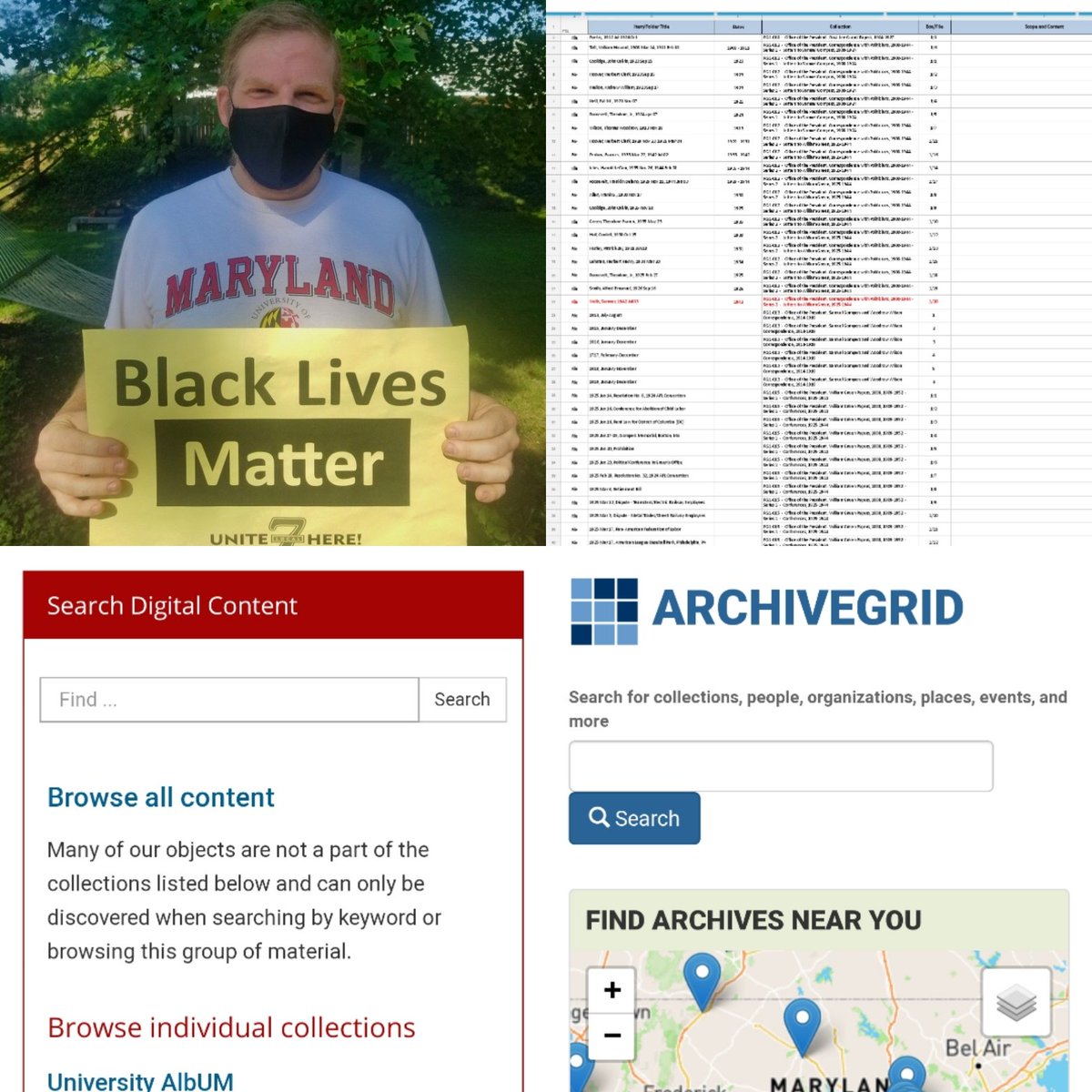 UMDMLA's tweet photo. We're spending the first week of the semester working remotely, wearing a mask, social distancing, and utilizing a combination of digital collections, ArchiveGrid and inventory spreadsheets to provide virtual reference services! 😷✊ #safeterps https://t.co/xkXKVsWoa0