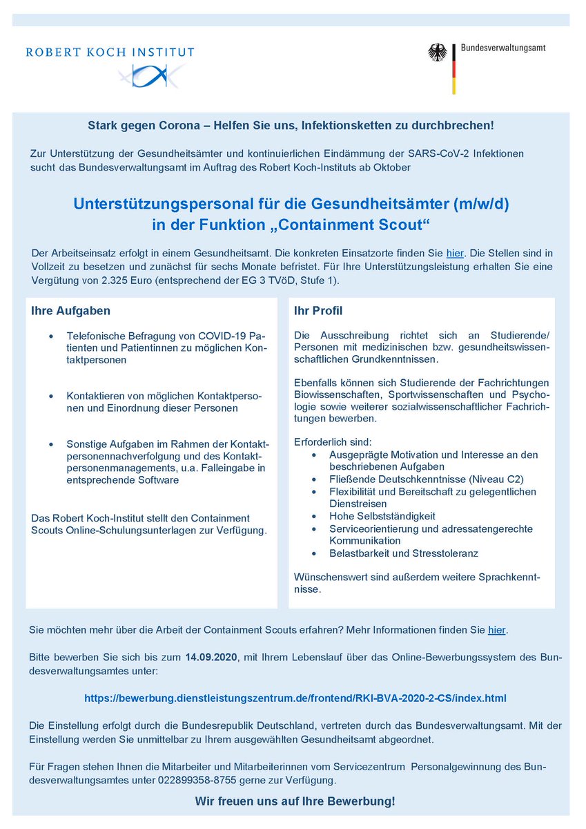 rki_de's tweet photo. #ContainmentScouts (m/w/d) zur Unterstützung der Gesundheitsämter &amp; kontinuierlichen Eindämmung der #SARSCoV2 Infektionen gesucht, Vollzeit, zunächst 6 Monate befristet.

Informationen über die Tätigkeit und aktuelle #Stellenausschreibung unter: 
https://t.co/x9s5jUYyXJ

#COVID19 https://t.co/S6lCyAkjTr