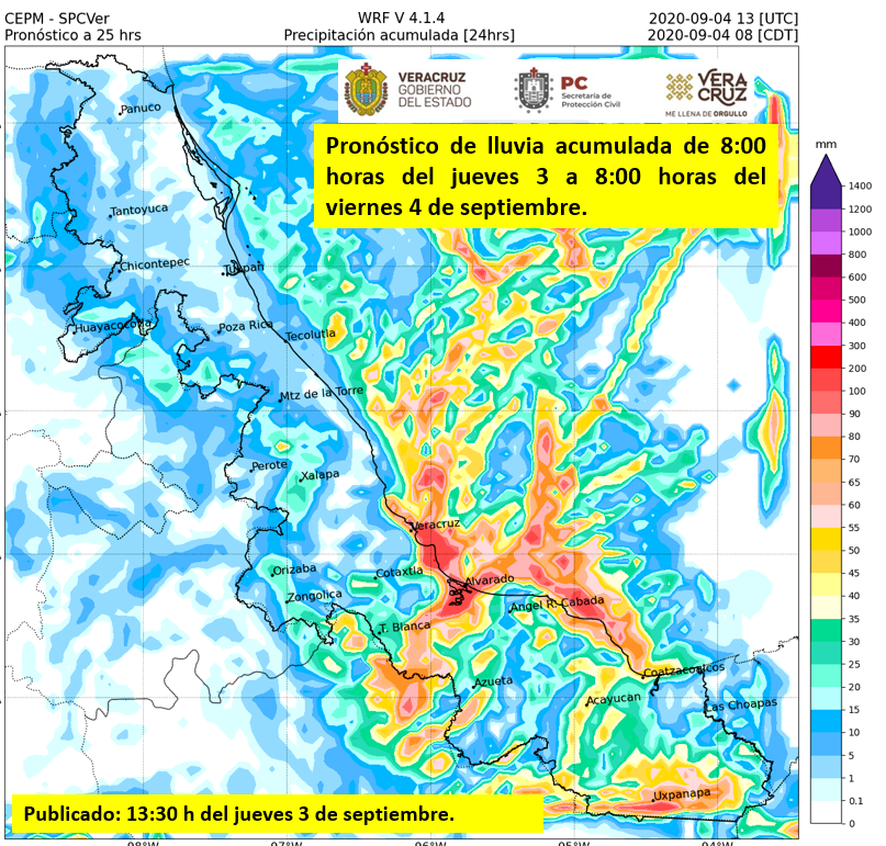 spcver's tweet photo. Comparación de la lluvia acumulada (mm) pronosticada y registrada de ayer jueves 3 de septiembre. Las lluvias máximas reportadas:

69.0 Manlio F Altamirano
68.0 Altotonga
58.0 Ursulo Galván
54.0 PB3 La Cangrejera, Coatzacoalcos
48.3 Lauchapan, San Andrés Tuxtla
34.0 Garro, Isla https://t.co/zA8WwfiiSm