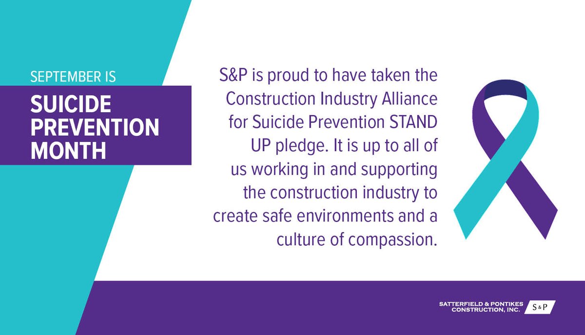 SatPonInc's tweet photo. S&P is proud to take @theCIASP STAND UP pledge. It is up to all of us working in and supporting the construction industry to create safe environments and a culture of compassion.
#SeptemberSTANDup #createsafecultures #SuicidePreventionMonth #construction #generalcontractor https://t.co/596Lthw8nf