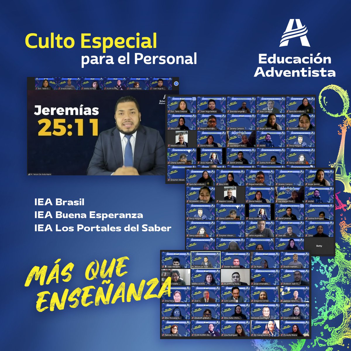 Hoy tuvimos un bendecido culto especial para el personal con la participación de nuestras instituciones educativas Brasil, Buena Esperanza y Los Portales del Saber. Gracias pastor Yeison De Avila por el mensaje inspirador.
#EducaciónAdventista #MásQueEnseñanza