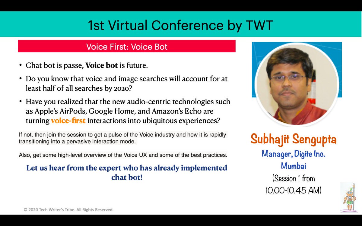 Techwriterstri1's tweet image. Are you still wondering about #chatbots when the future belongs to #Voicebot?
Let us learn about Why, What, How of Voice Bot from Subhajit Sengupta.

Registration link: lnkd.in/dzw2DqH
#VirtualConference #technicaldocumentation #technicalcommunication