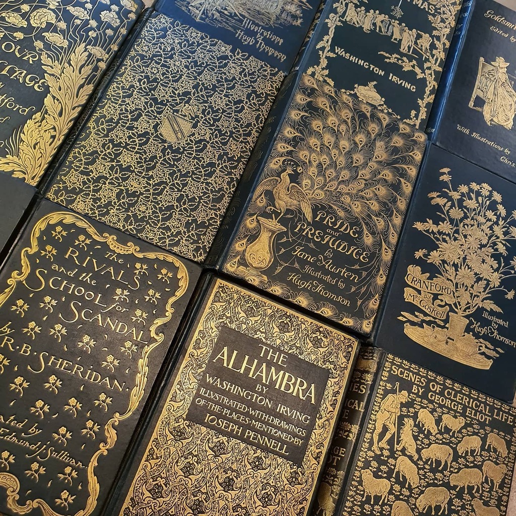 TarringtonBooks's tweet photo. Fine late 19th century gilt bindings from Macmillan and George Allen. Including 'that' Peacock edition... #finebindingfriday #janeausten #prideandprejudice #finebinding #peacockedition https://t.co/HOubjRpLPM https://t.co/IIQWeKmmyk