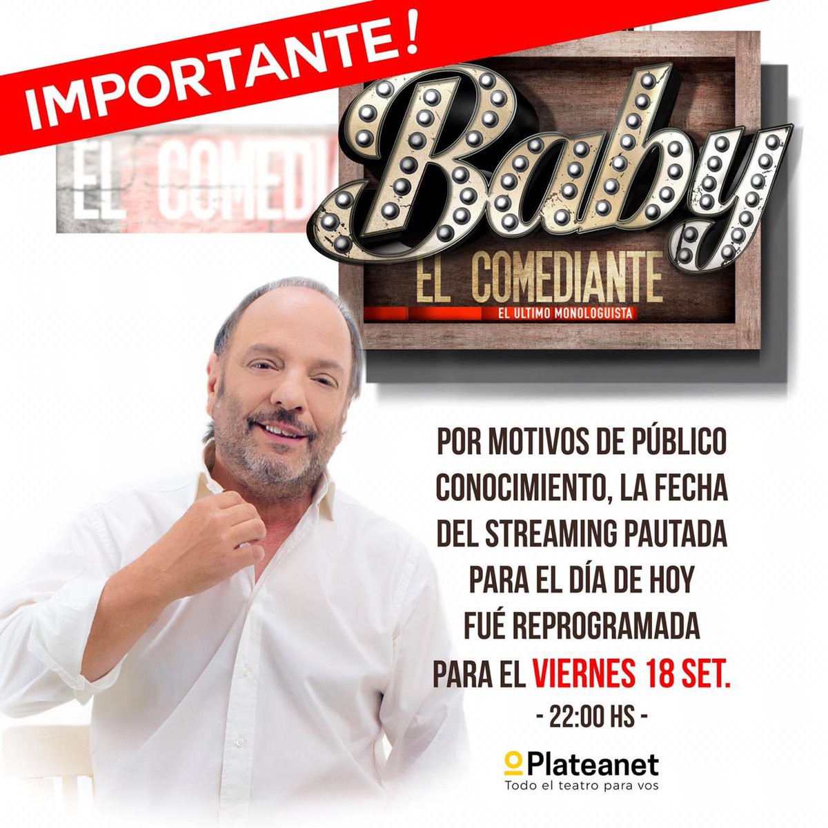 unplanprod's tweet photo. #BabyEtchecopar  
El Ángel está de regreso y esta vez lo tendrás muy cerca
 📅 VIERNES 18 de septiembre a las 22:00hs en #PlateaLive 

⚠️ Fecha reprogramada: Las personas que compraron un acceso para HOY, van a poder utilizarlo para la función del 18/9

🎟️ @Plateanet https://t.co/rk1IIB7MiD