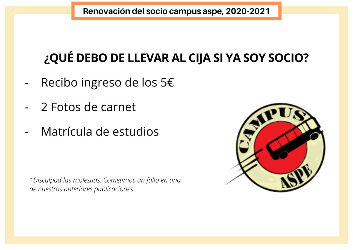 CampusAspe's tweet photo. Aquellos que ya seáis socios, y renovéis vuestra cuota de socio este próximo curso, deberéis traer al CIJA, los días 7 y 8 septiembre, lo nombrado en la siguiente imagen. https://t.co/xlh4CCoHqY