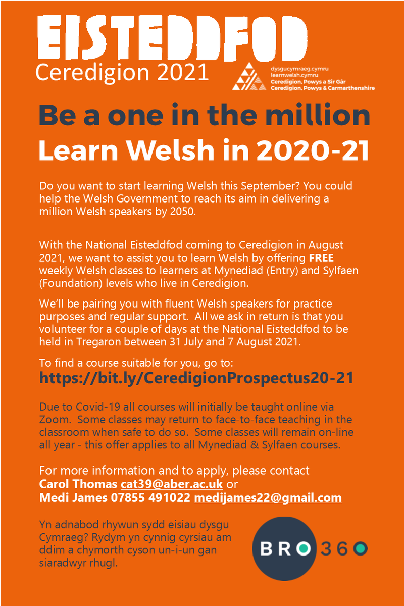 Free #learnwelsh lessons at Entry and Sylfaen level to those living in Ceredigion!  An initiative with <a href="/Bro__360/">Ymbweru Bro</a> to prepare for <a href="/eisteddfod/">eisteddfod</a> Genedlaethol Cymru, Tregaron 2021. To find a course go to:
bit.ly/CeredigionPros…