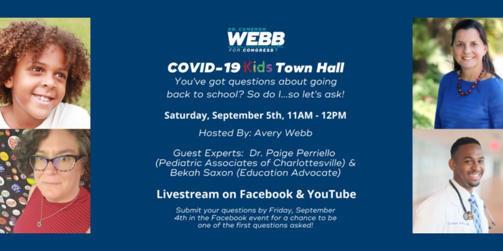 DrCameronWebb's tweet photo. With kids heading back to school &amp; COVID-19 looming, Avery definitely had a few questions. So, she’s hosting another Kids Town Hall w/experts in education (@SaxonBekah) &amp; healthcare (@PaigePerriello)! Bring your little ones for an hour of kids’ Q&amp;A.

Link: https://t.co/0W5EipMI71 https://t.co/M4CHrJGvEf