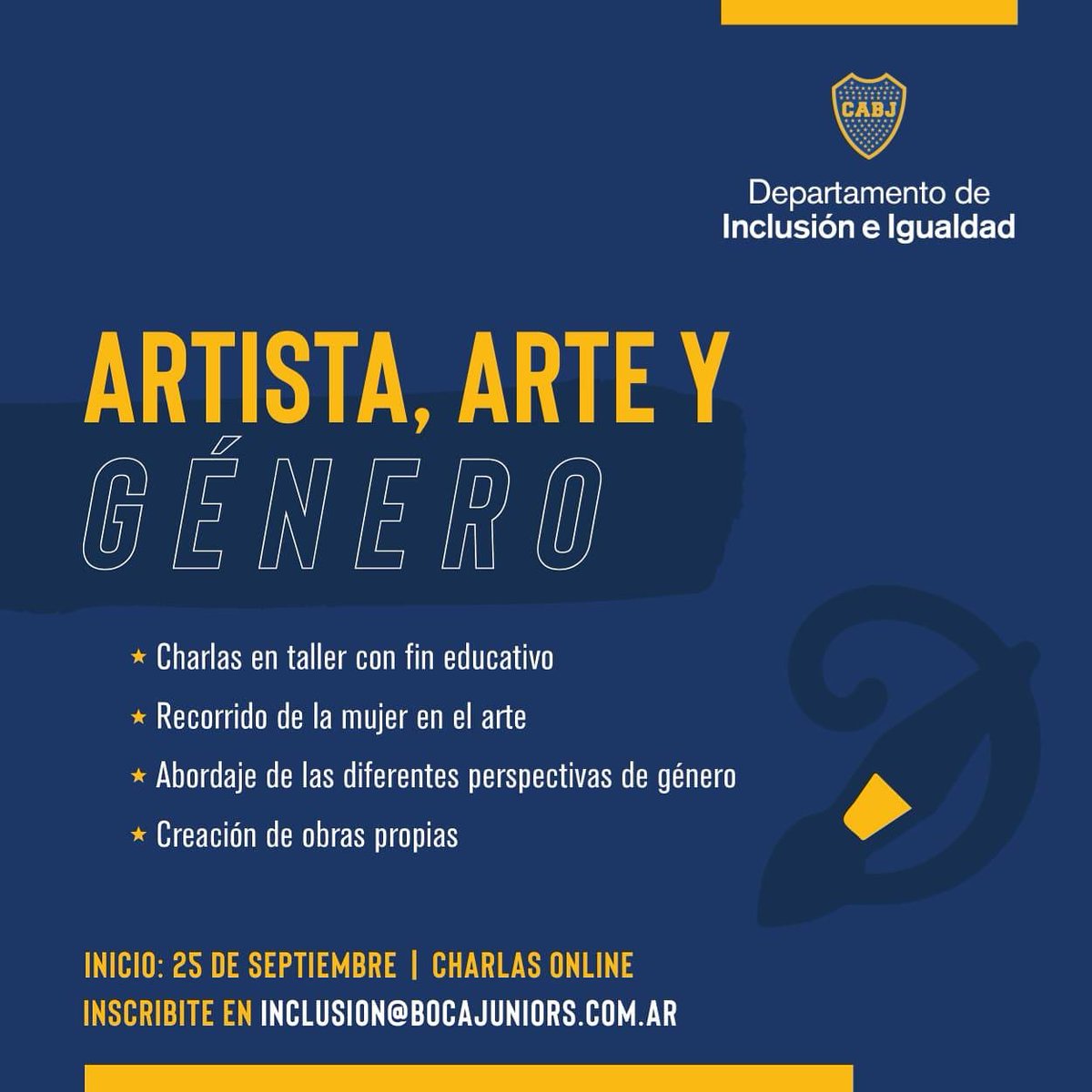 CabjFilialsanvi's tweet photo. ¡Sumate al Taller de arte con perspectiva de género! Organizado por el Departamento de Inclusión e Igualdad para socias y socios. 
Los encuentros serán online y comienzan el viernes 25/9 a las 19hs. 
Inscribite en inclusion@bocajuniors.com.ar 🇺🇦 https://t.co/ymMGwVIhtC