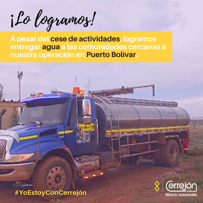 CerrejonCol's tweet photo. 💛💧A dos días del inicio de la huelga, logramos coordinar la logística para seguir entregando agua a las comunidades cercanas a muestra operación en Puerto Bolívar. Esta ayuda es vital para reducir la propagación del COVID-19. #YoEstoyConCerreión #LaGuajiraSomosTodos https://t.co/rD8vis8GkM