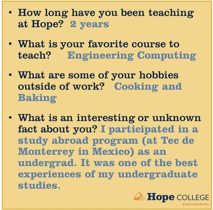 Hope_Engineers's tweet photo. Next in our #GetToKnowYourProf series is the newest member of our department, Dr. @BrookeOdle. If you haven’t met her yet, learn more about her here. #GoHope #TheHopeDifference ⚓️ #engineering https://t.co/cEgDOJori9