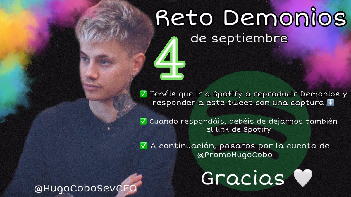 HugoCoboSevCFO's tweet photo. 📍RETO DEMONIOS (17° día)📍
🔹 Responder ⬇️con una captura reproduciendo "Demonios" en Spotify
🔹️Reproducir canción entera o a ser posible y si esta en una playlist mejor.🕑
🔹️El volumen al 50% o más🔊
🔹Pasar por la cuenta d @PromoHugoCobo para seguir con el Reto
#PostOT4S https://t.co/qr1pCTmM72