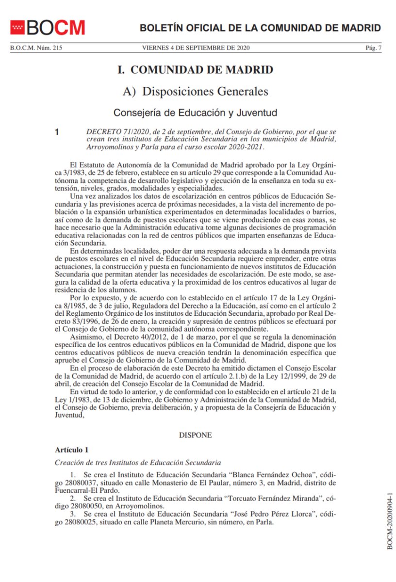 Hoy se hace oficial. El BOCM publica la creación jurídica del #IESMontecarmeloYa, el ya IES Blanca Fernández Ochoa de #Montecarmelo. Gracias a las #Familias, #Vecinos y resto de entidades políticas y sociales que nos habéis apoyado estos años para que este día llegara.